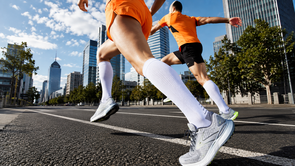 Zwei Läufer joggen mit Kompressionssocken in weiß.
